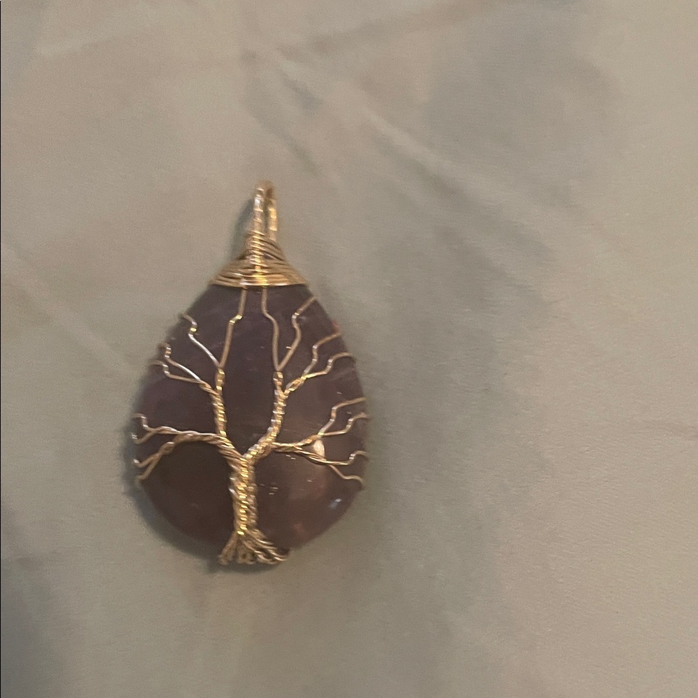 Purple amethyst Teardrop Pendant with Gold Tree Design necklace Unique - Picture 1 of 2